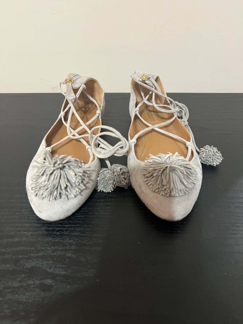 Aquazurra Sunshine Pom Pom Lace Up Flat light gray